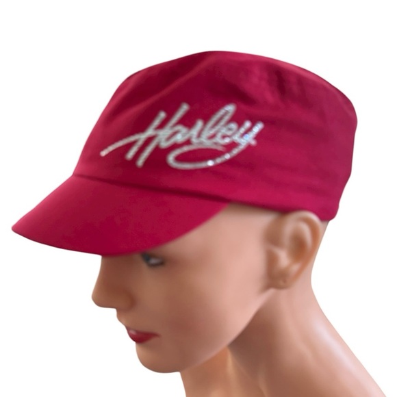 Harley ~Davidson Red Fitted Moto Hat Crystal Logo Adjustable Sizing 100% Cotton - Picture 1 of 8